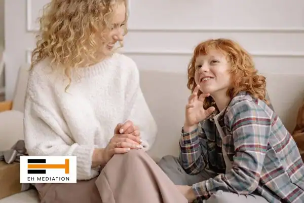 Happy mother and child after sorting child arrangements mediation Hitchin